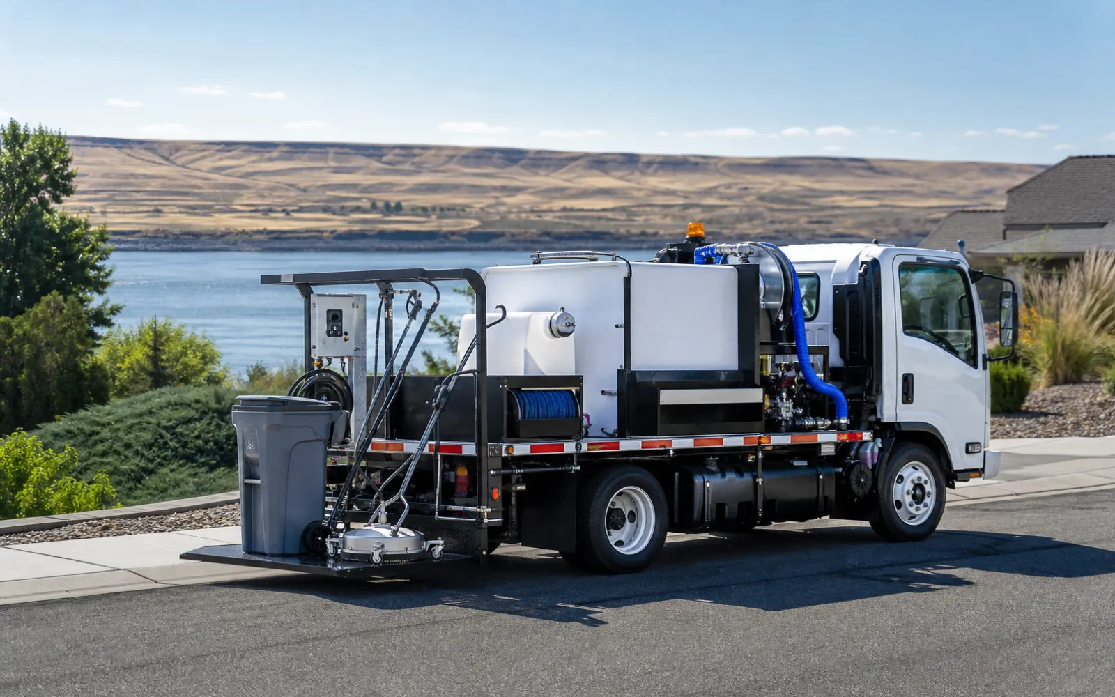 A bin cleaning truck with a wastewater capture system parked on a Richland street near the Columbia River