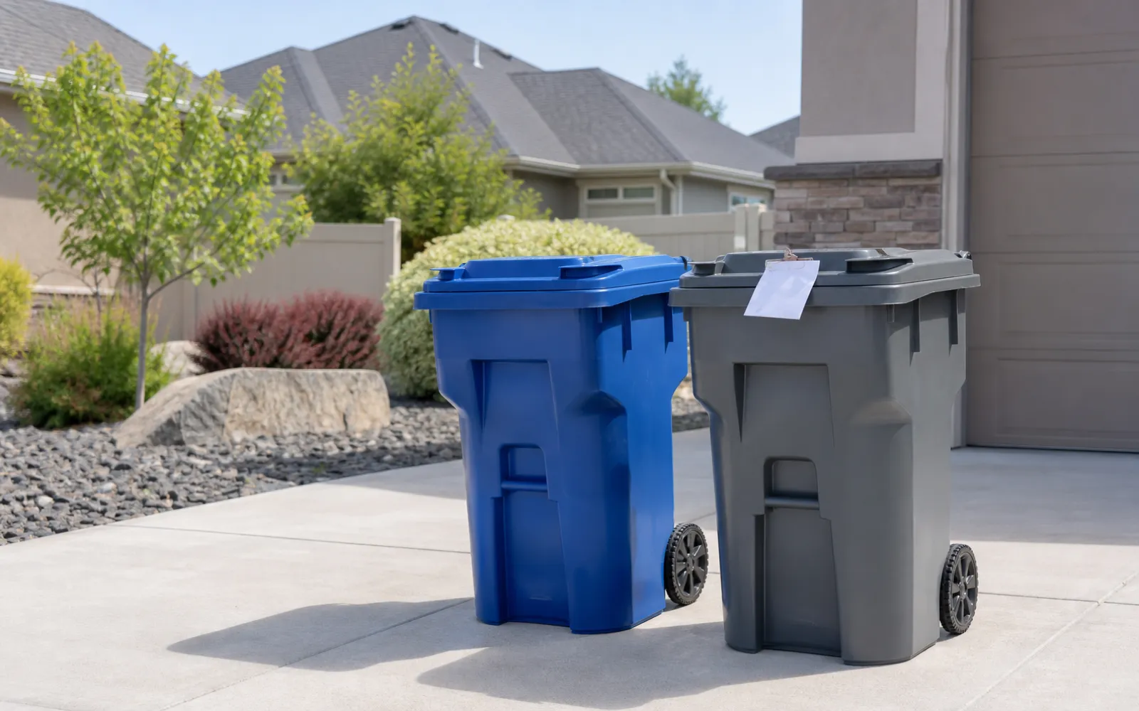 A clean residential recycling cart and trash cart side by side on a Richland driveway with a printed quote slip