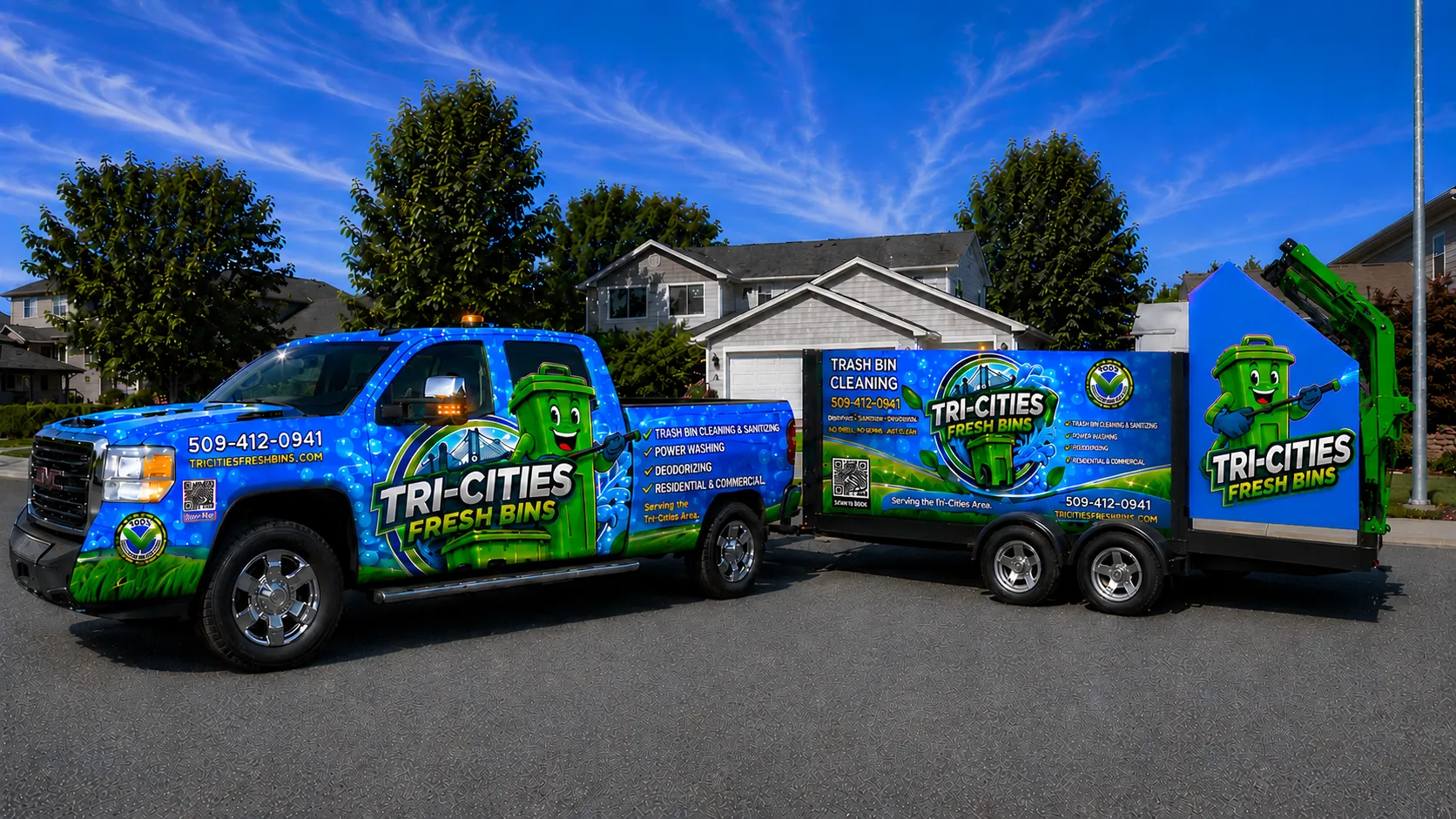 The Tri-Cities Fresh Bins truck and trailer cleaning rig parked curbside in a residential neighborhood