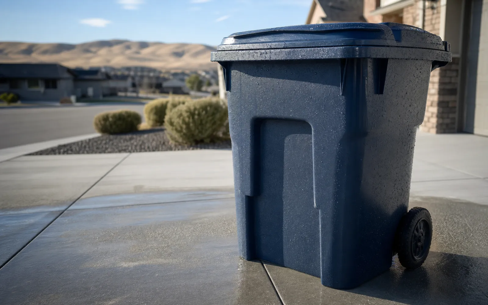 A pressure-washed residential trash cart sitting on a Kennewick driveway in afternoon sun, water droplets still beading on the rim